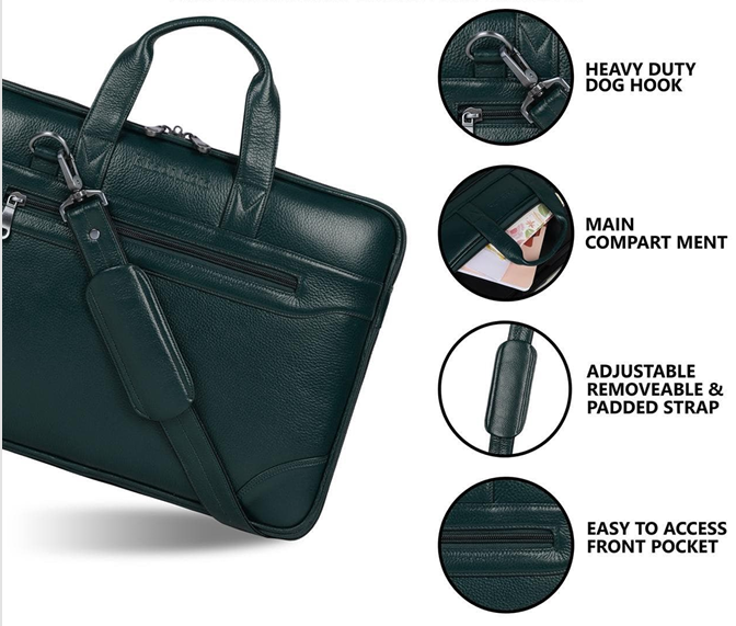 Stylish Green Slim Leather Laptop Bag