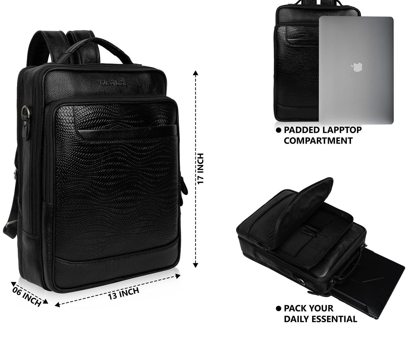 Dynamic Black Textured Leather Haversack Backpack