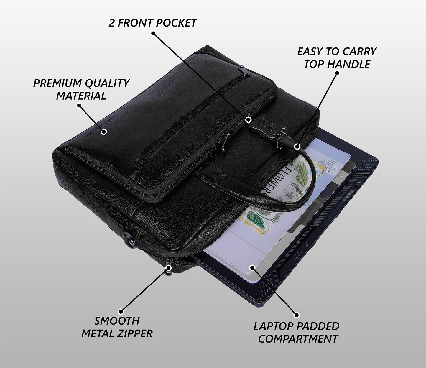 Elegant Black Organizer Leather Laptop Bag
