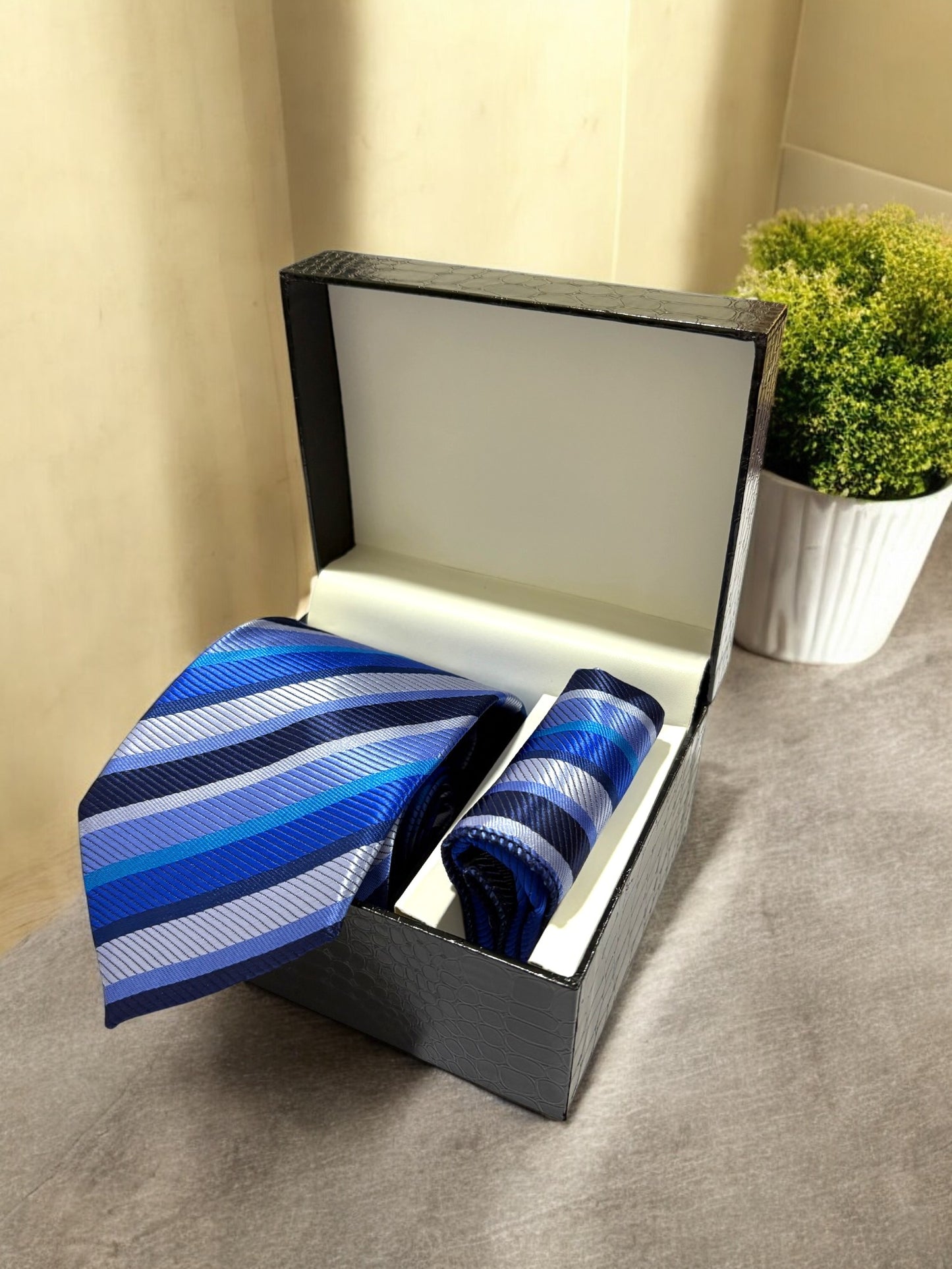 Blue Striped Microfiber Necktie & Pocket Square Gift Set