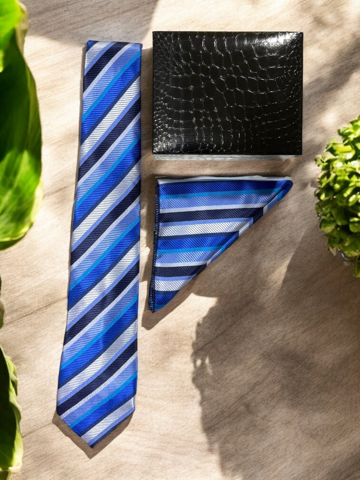 Blue Striped Microfiber Necktie & Pocket Square Gift Set