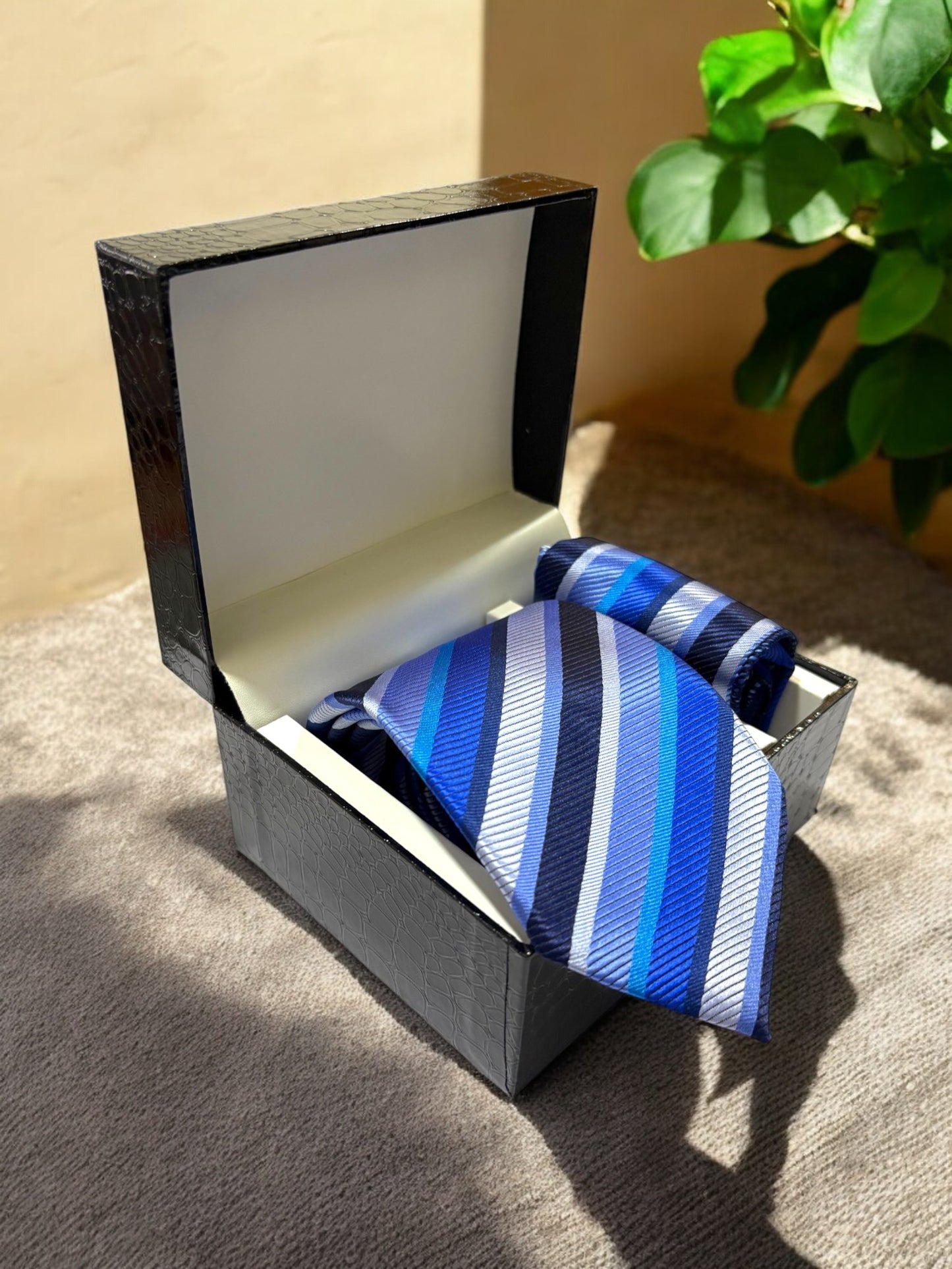 Blue Striped Microfiber Necktie & Pocket Square Gift Set