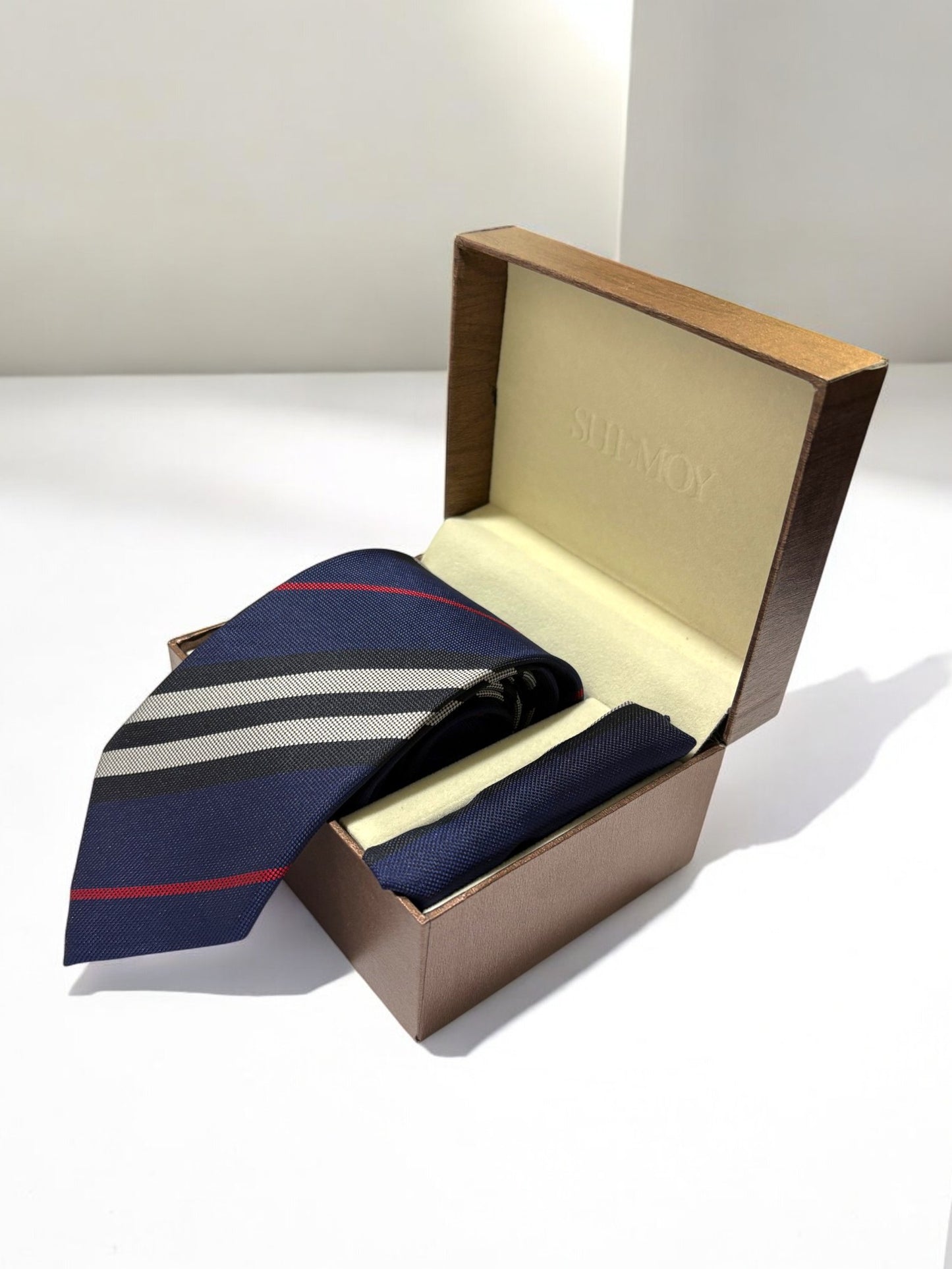 Navy Striped Microfiber Necktie & Pocket Square Gift Set
