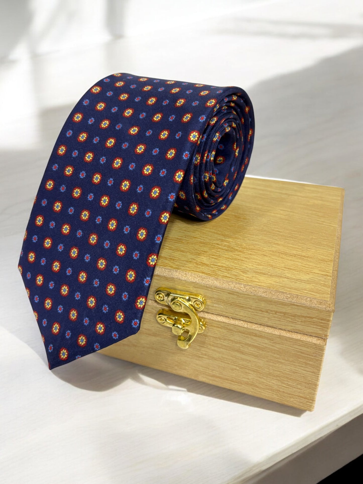 Navy Geometric Silk Necktie & Pocket Square Gift Set