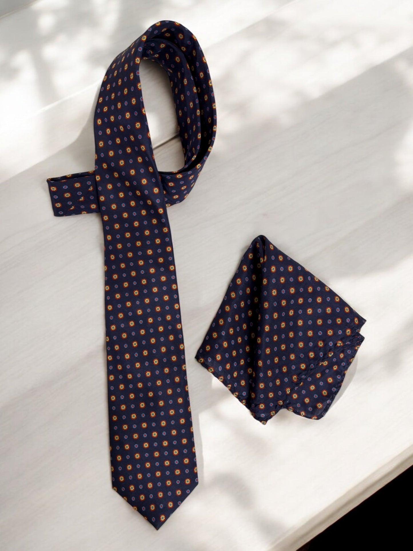 Navy Geometric Silk Necktie & Pocket Square Gift Set
