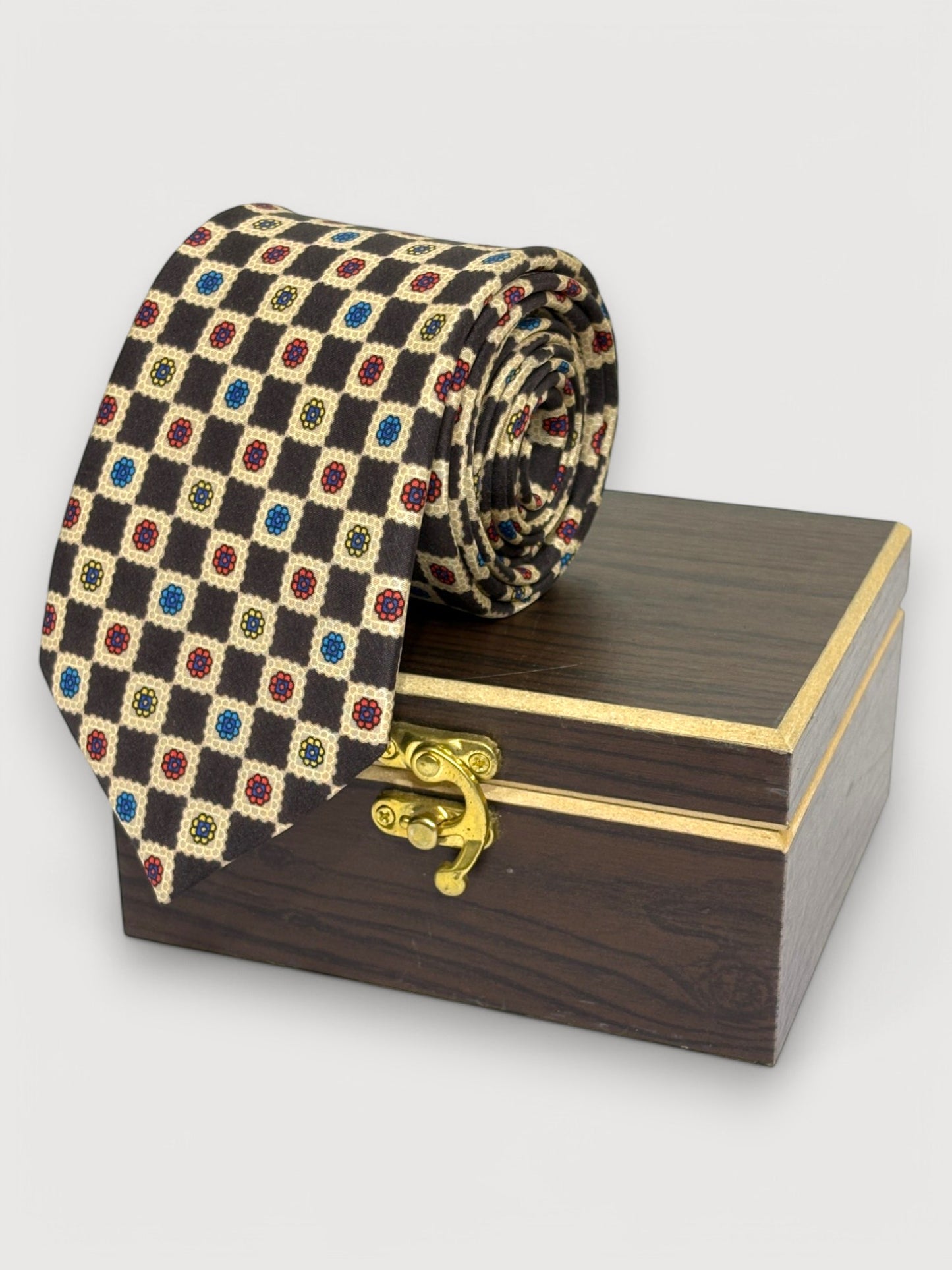 Beige & Espresso Geometric Silk Necktie & Pocket Square Gift Set