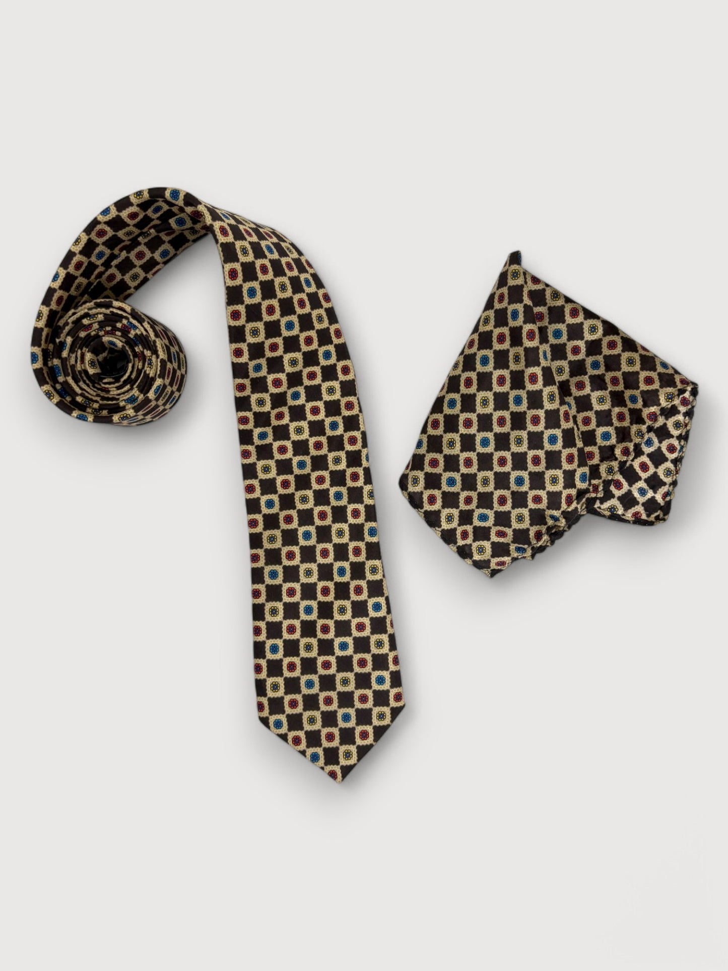 Beige & Espresso Geometric Silk Necktie & Pocket Square Gift Set