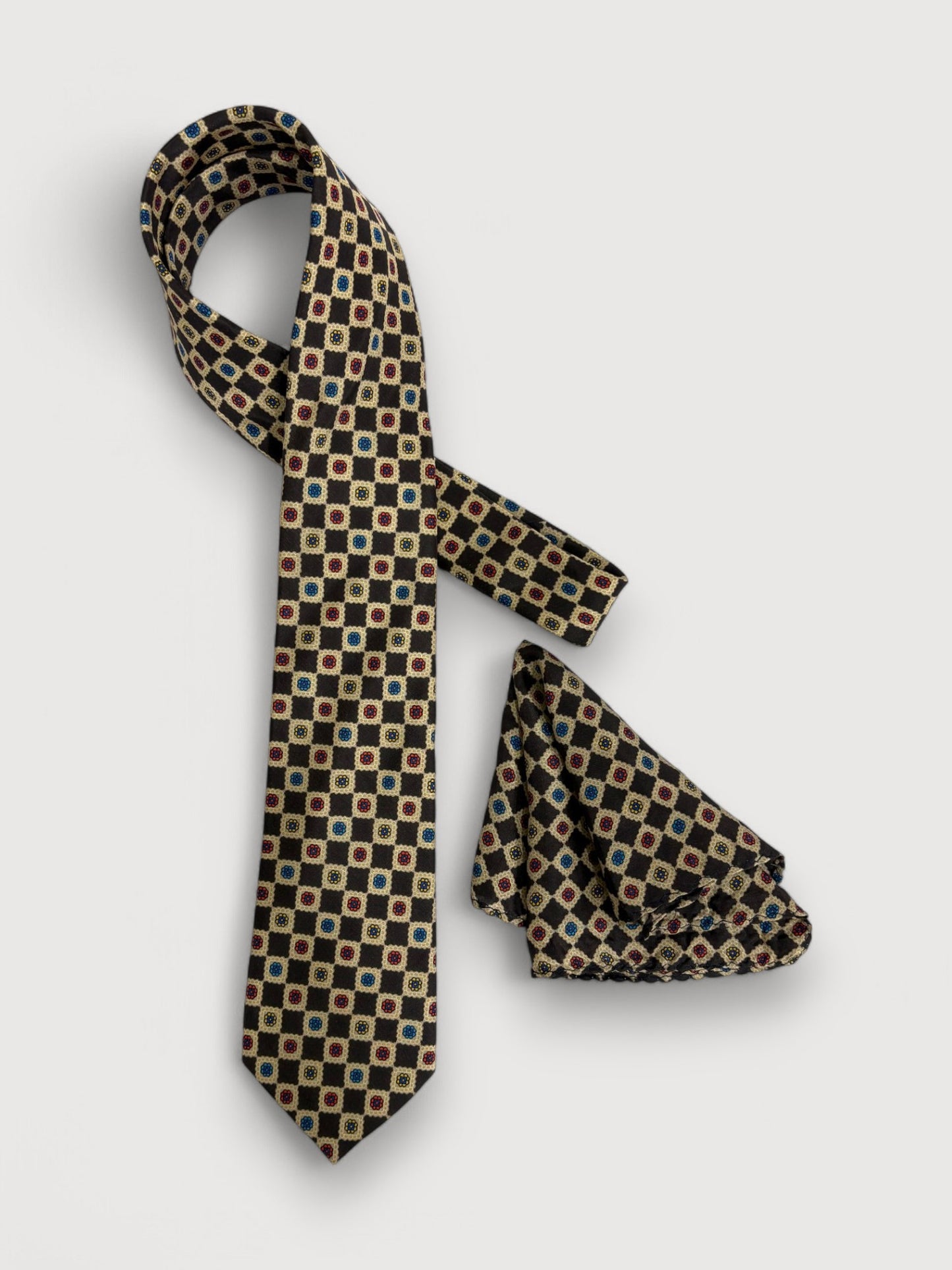 Beige & Espresso Geometric Silk Necktie & Pocket Square Gift Set