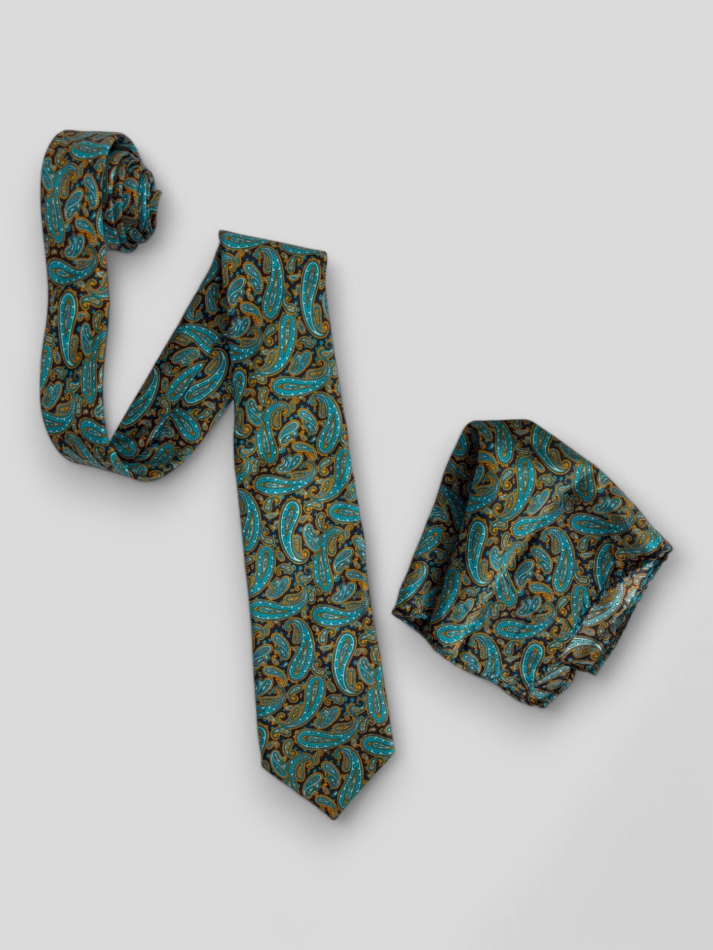 Turquoise & Amber Paisley Silk Necktie & Pocket Square Gift Set