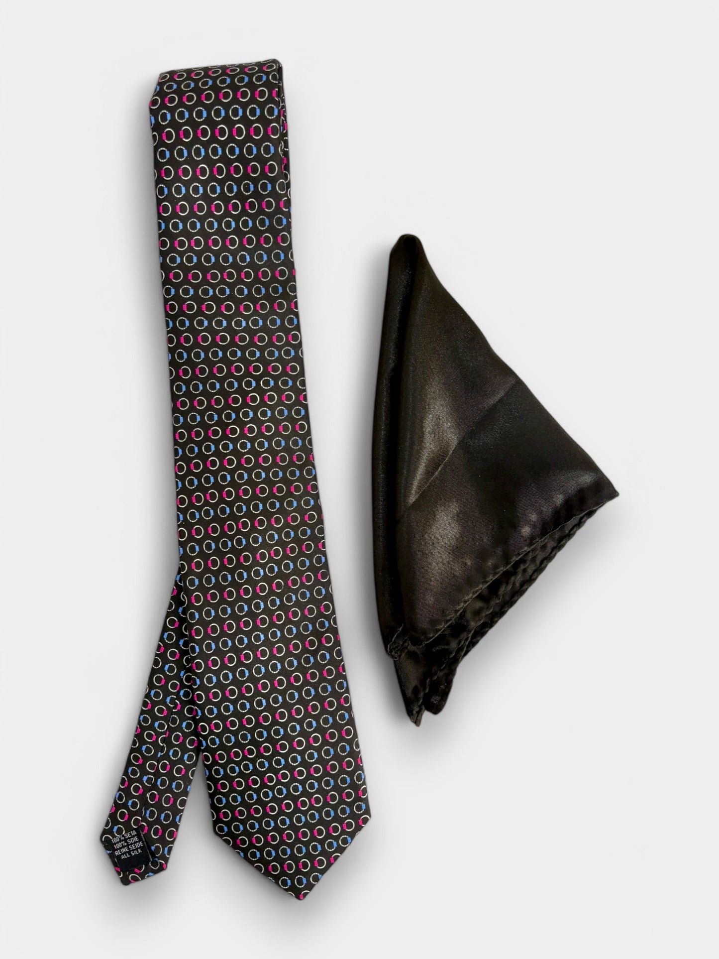 Black Geometric Silk Necktie & Pocket Square Gift Set