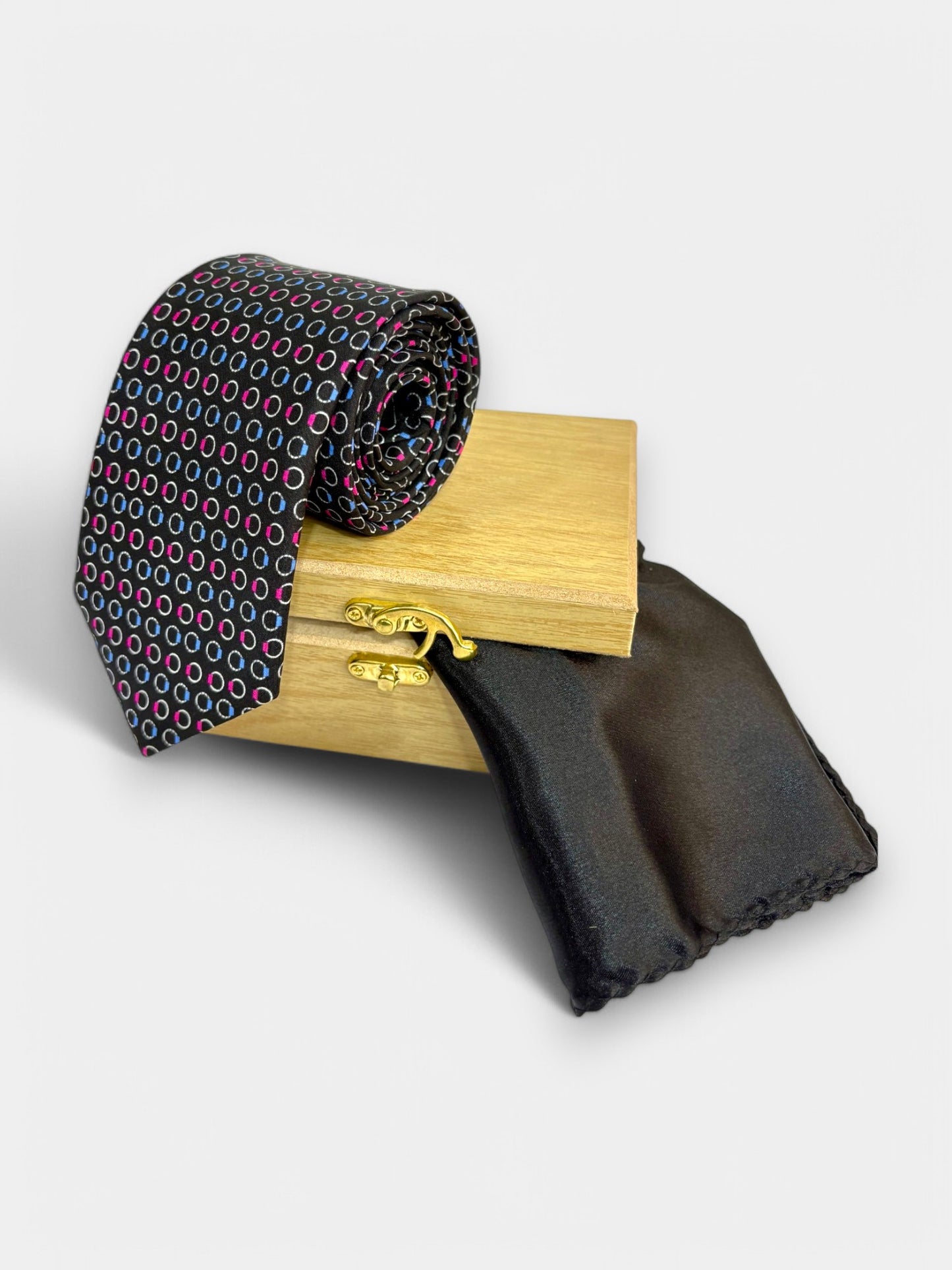 Black Geometric Silk Necktie & Pocket Square Gift Set