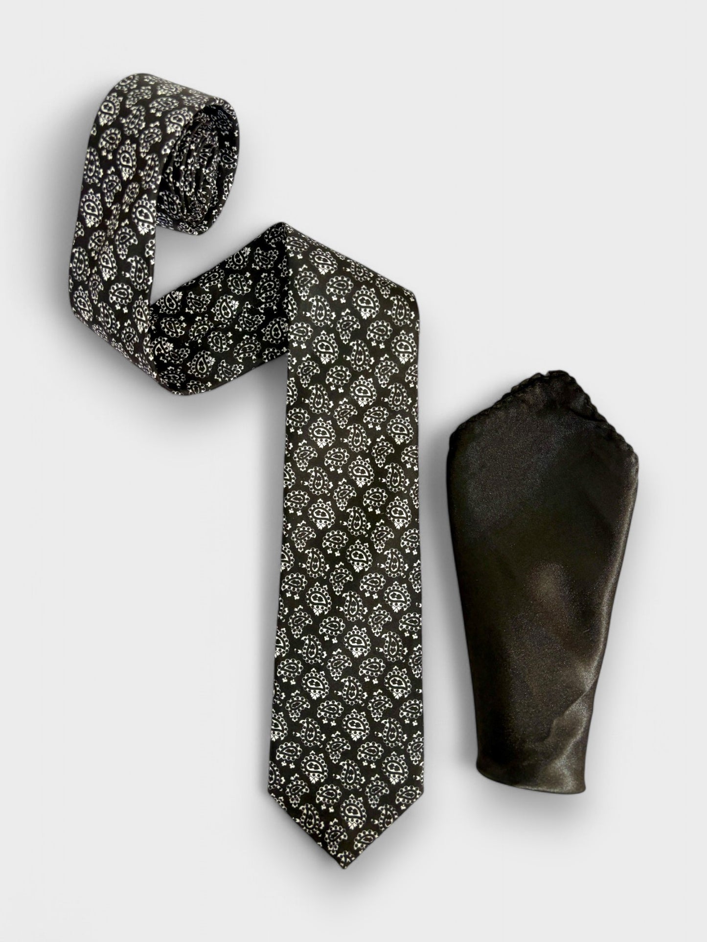 Black Paisley Silk Necktie & Pocket Square Gift Set