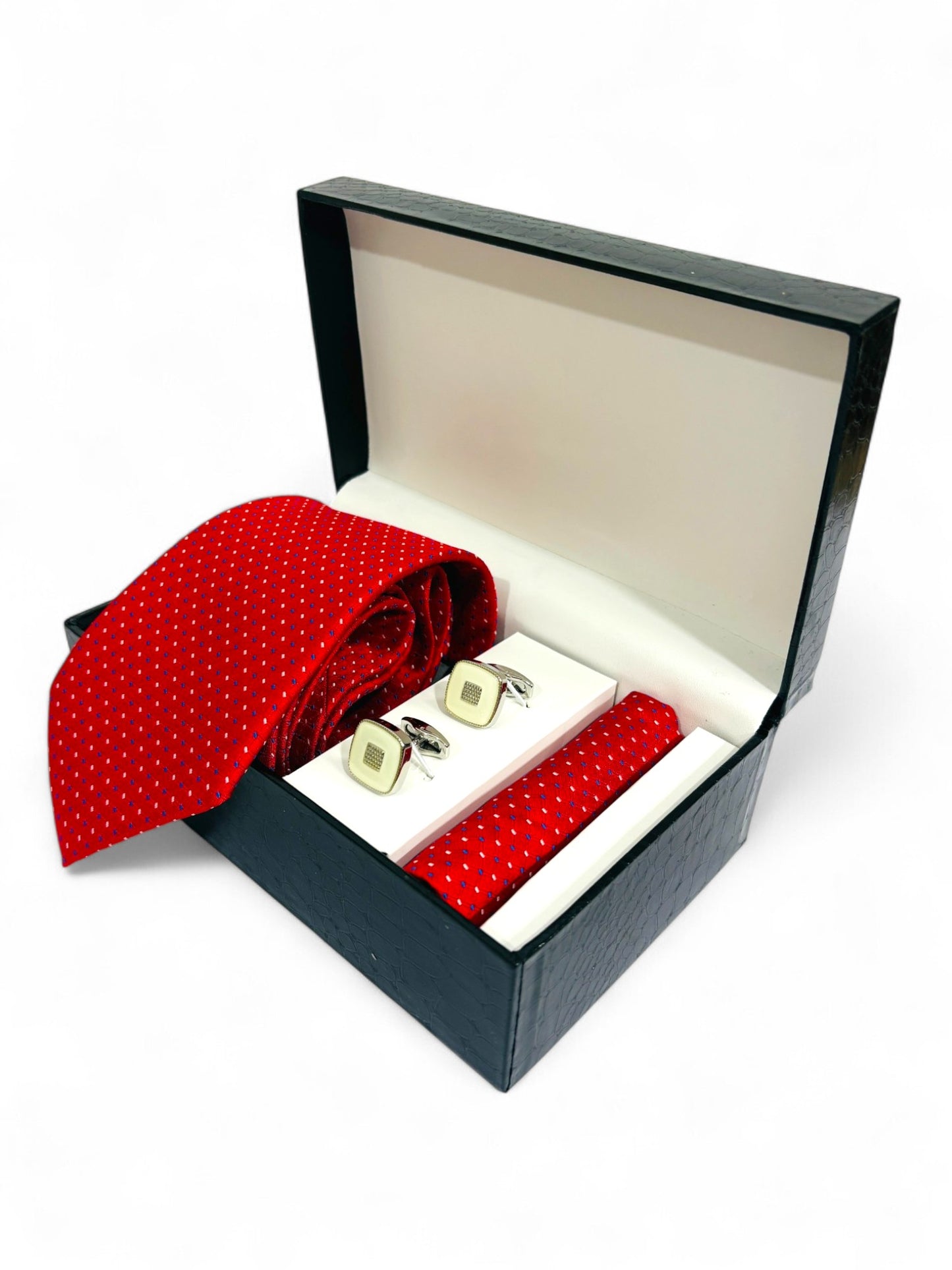 Red Geometric Microfiber Tie, Pocket Square & Cufflinks Set