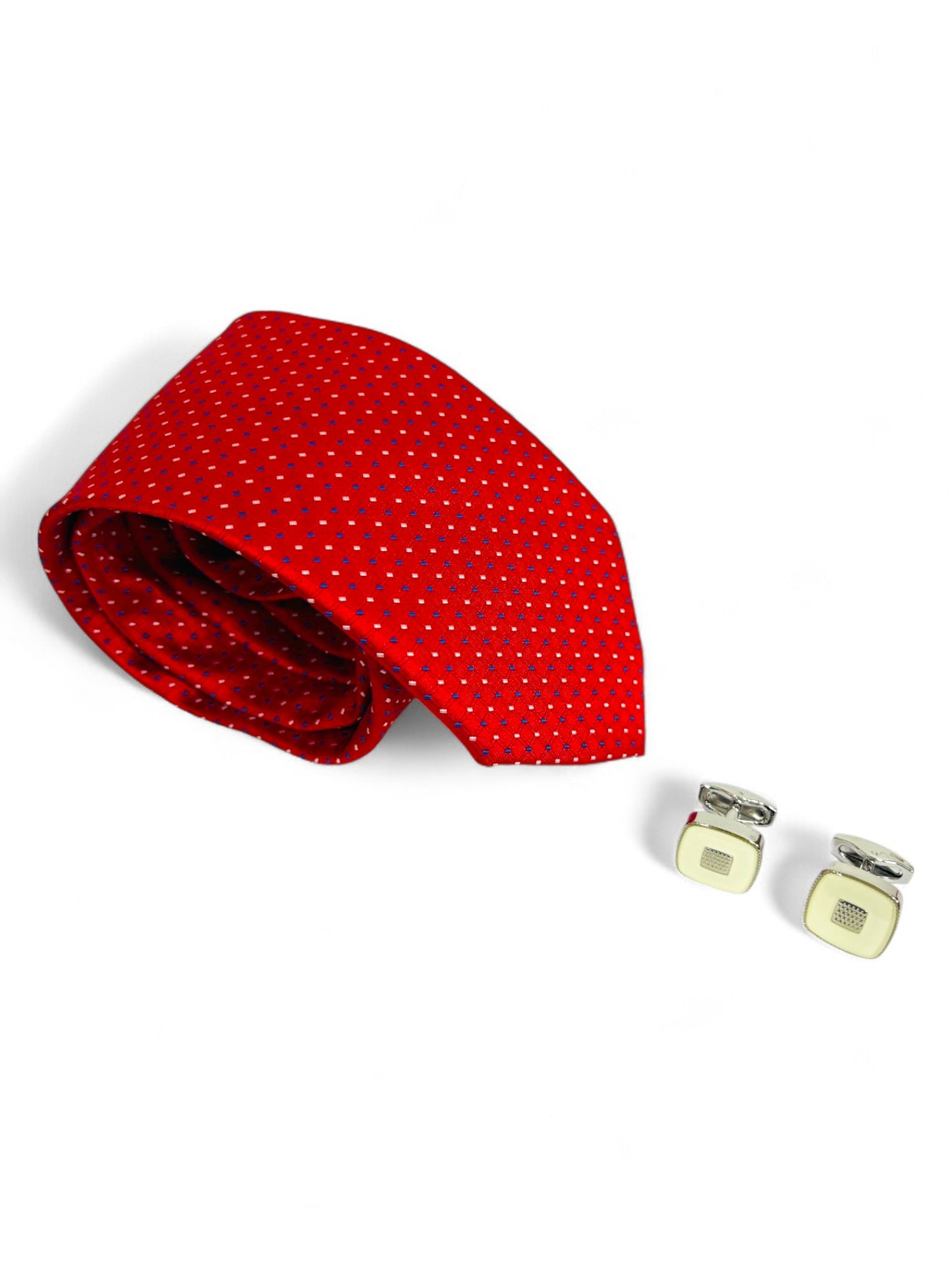 Red Geometric Microfiber Tie, Pocket Square & Cufflinks Set