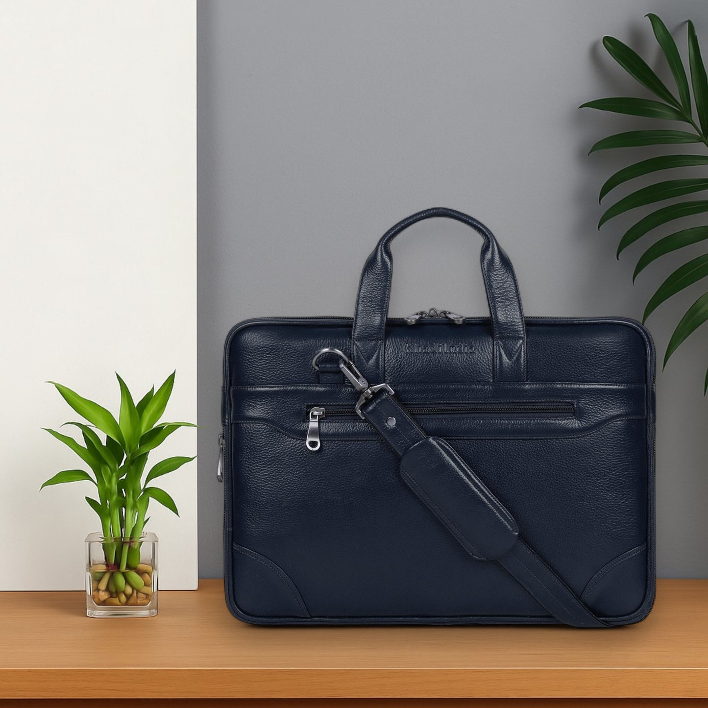 Stylish Blue Slim Leather Laptop Bag