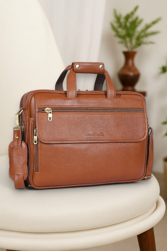 Discrete Tan Leather Laptop Bag