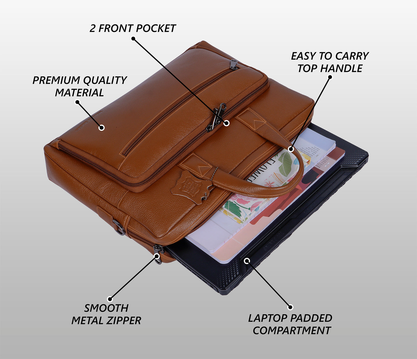 Minimal Tan Organizer Leather Laptop Bag