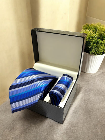 Blue Striped Microfiber Necktie & Pocket Square Gift Set