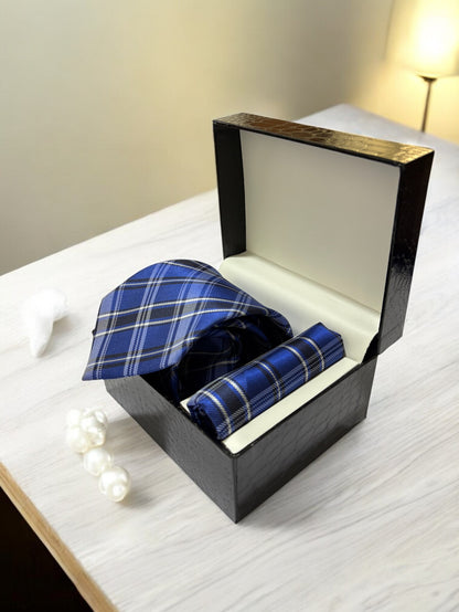Royal Blue Checked Microfiber Necktie & Pocket Square Gift Set