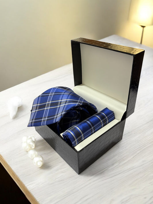 Royal Blue Checked Microfiber Necktie & Pocket Square Gift Set