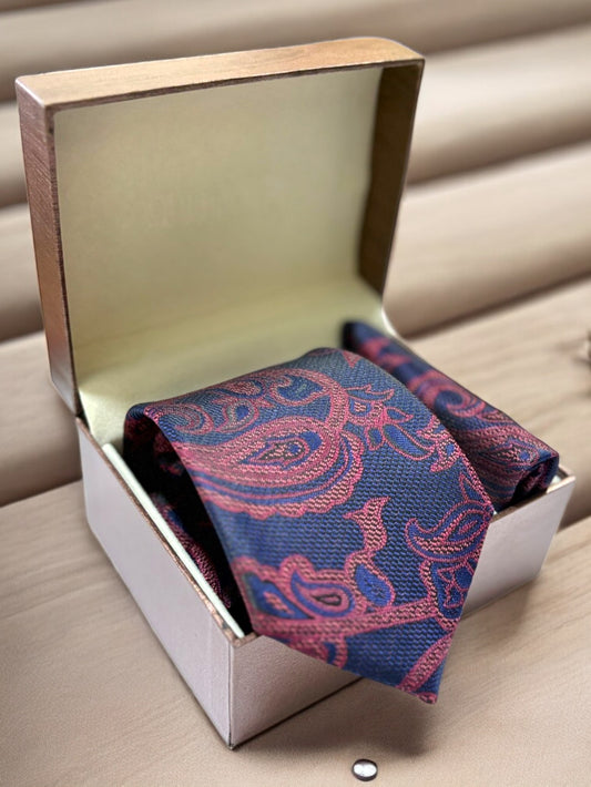 Navy & Plum Paisley Microfiber Necktie & Pocket Square Gift Set
