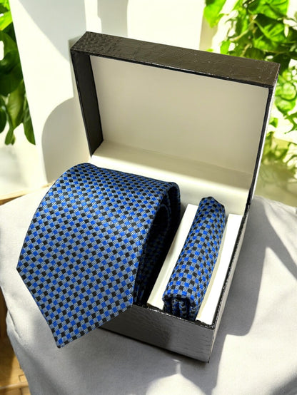 Blue & Black Geometric Microfiber Necktie & Pocket Square Gift Set
