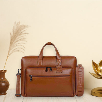 Minimal Tan Organizer Leather Laptop Bag