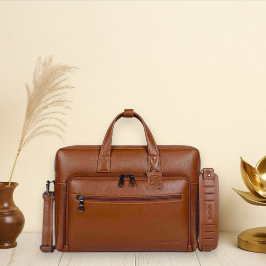 Minimal Tan Organizer Leather Laptop Bag