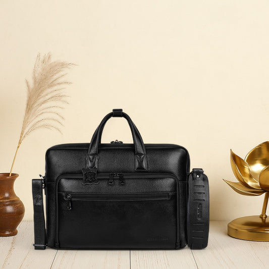 Elegant Black Organizer Leather Laptop Bag