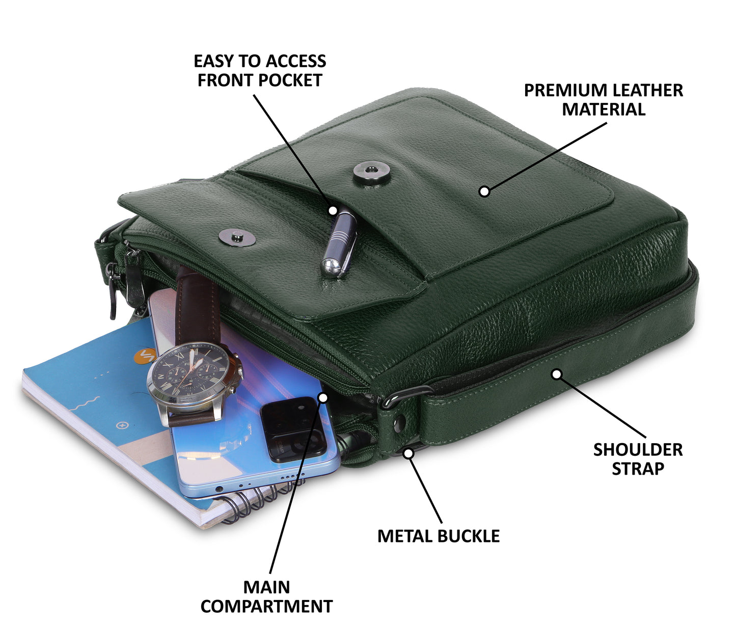 Refined Green Leather Sling Bag