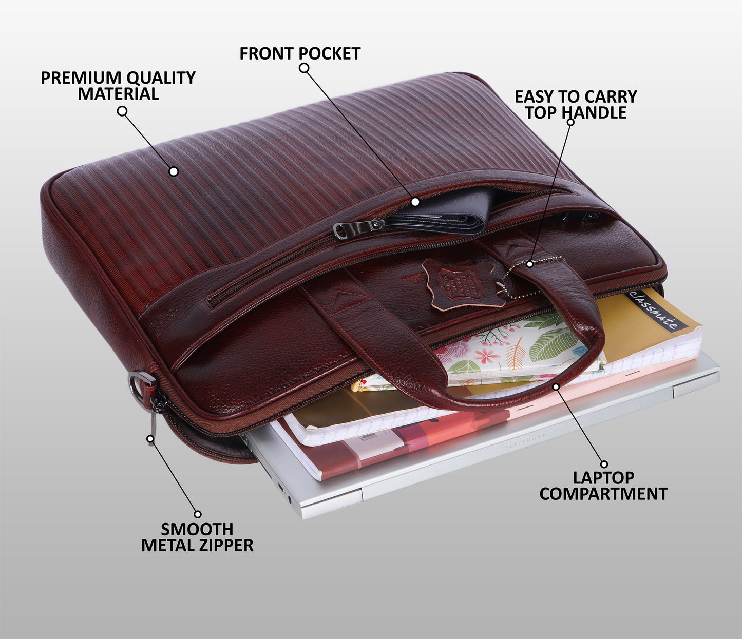 Vivid Maroon Lining Leather Laptop Bag