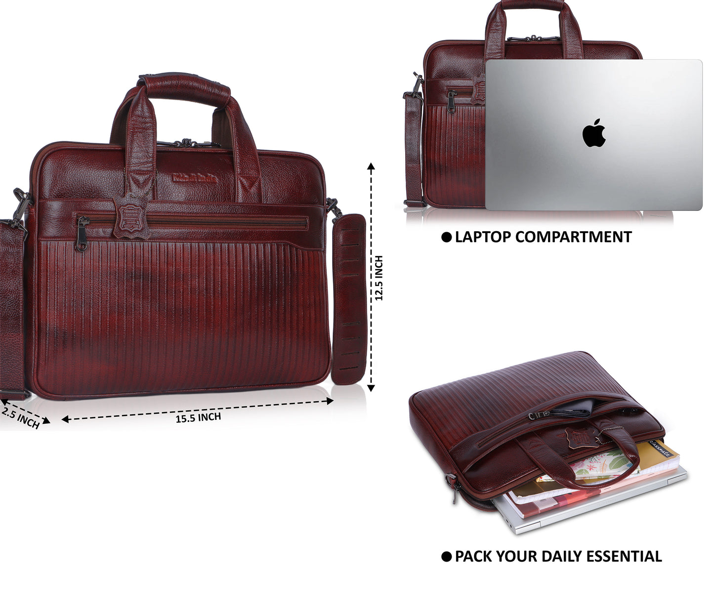 Vivid Maroon Lining Leather Laptop Bag