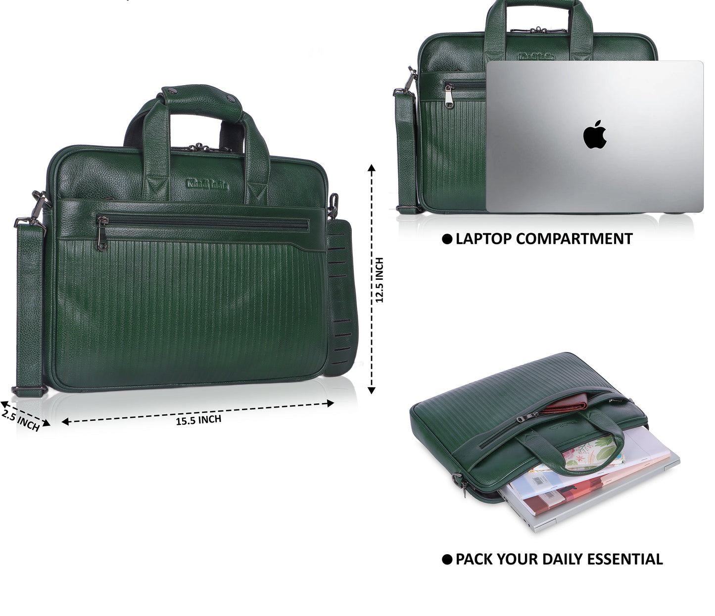 Vibrant Green Lining Leather Laptop Bag