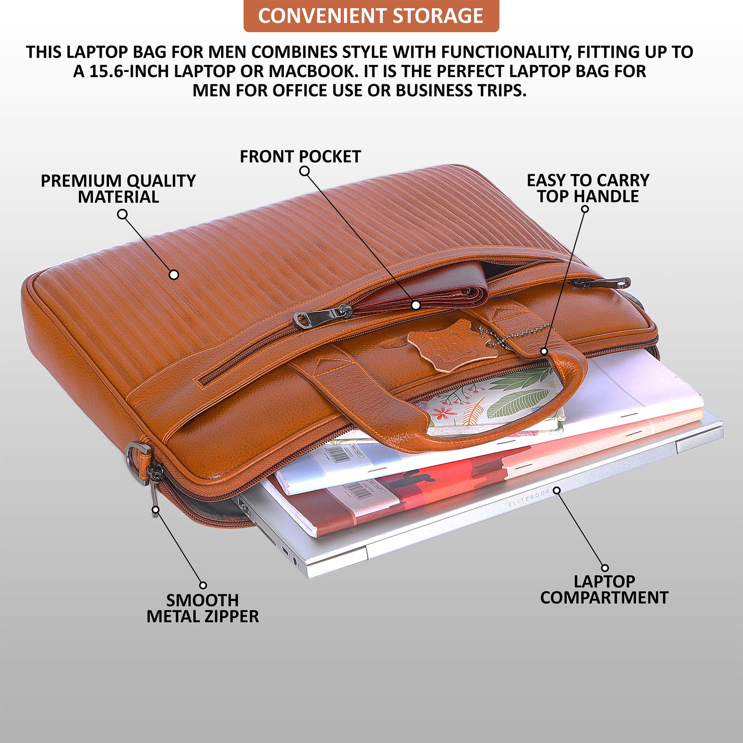 Edgy Tan Lining Leather Laptop Bag