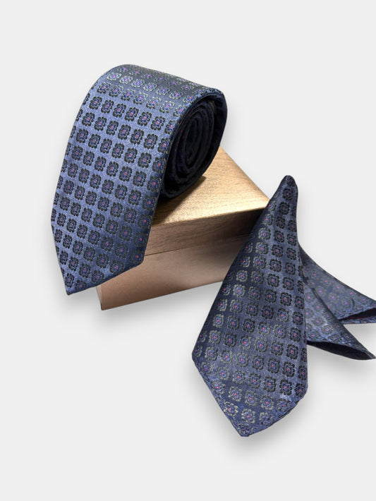 Navy Geometric Microfiber Necktie & Pocket Square Gift Set