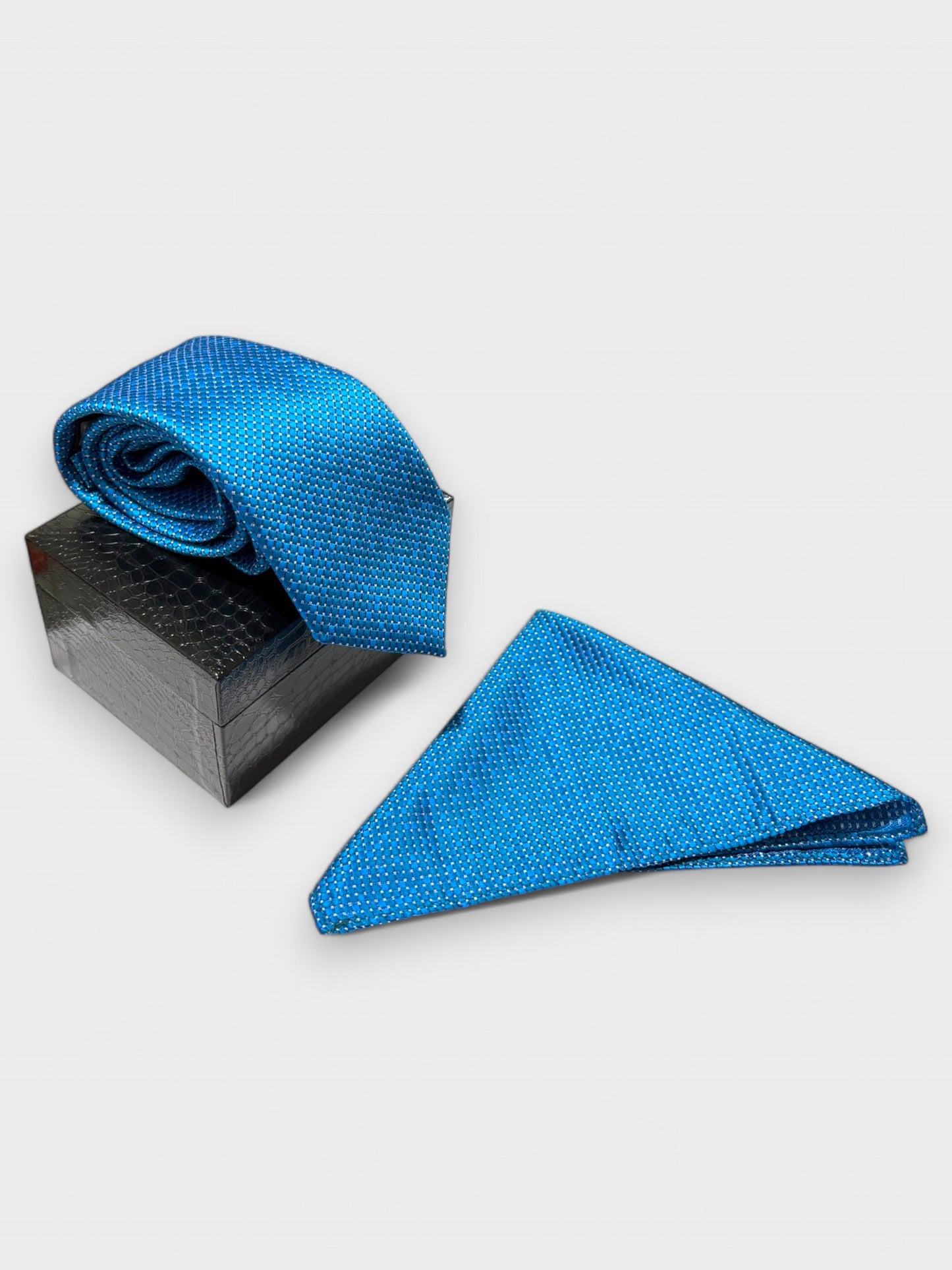 Bright Blue Geometric Microfiber Necktie & Pocket Square Gift Set