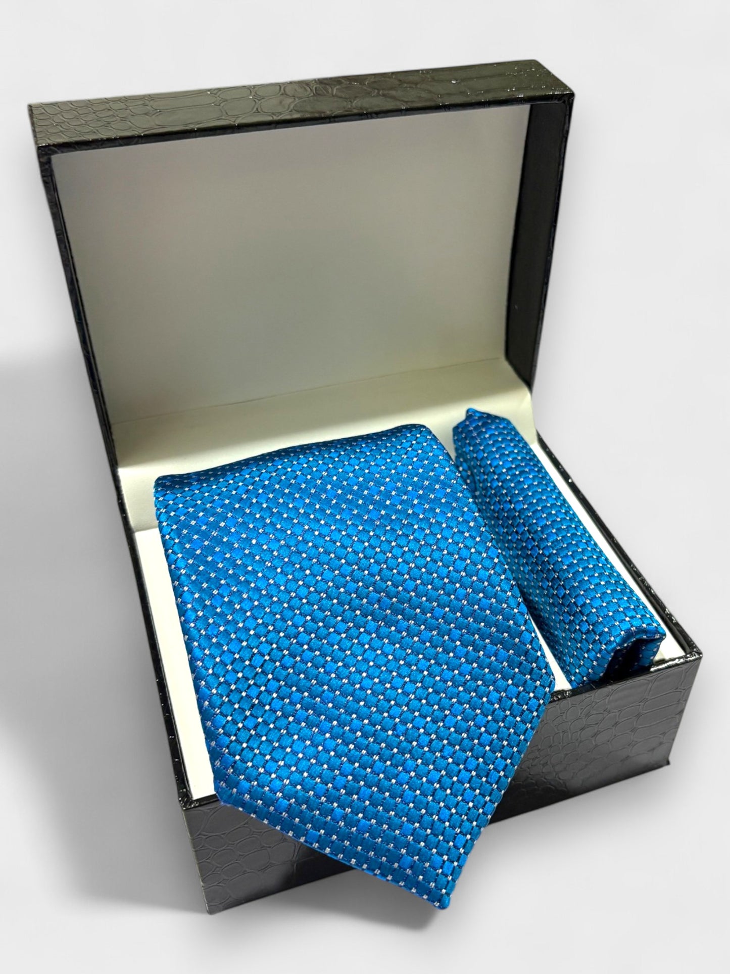 Bright Blue Geometric Microfiber Necktie & Pocket Square Gift Set
