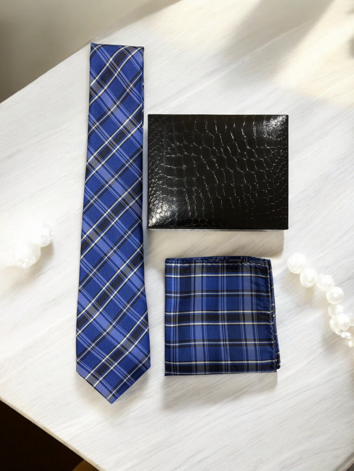 Royal Blue Checked Microfiber Necktie & Pocket Square Gift Set