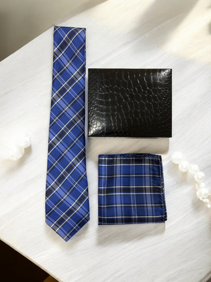 Royal Blue Checked Microfiber Necktie & Pocket Square Gift Set