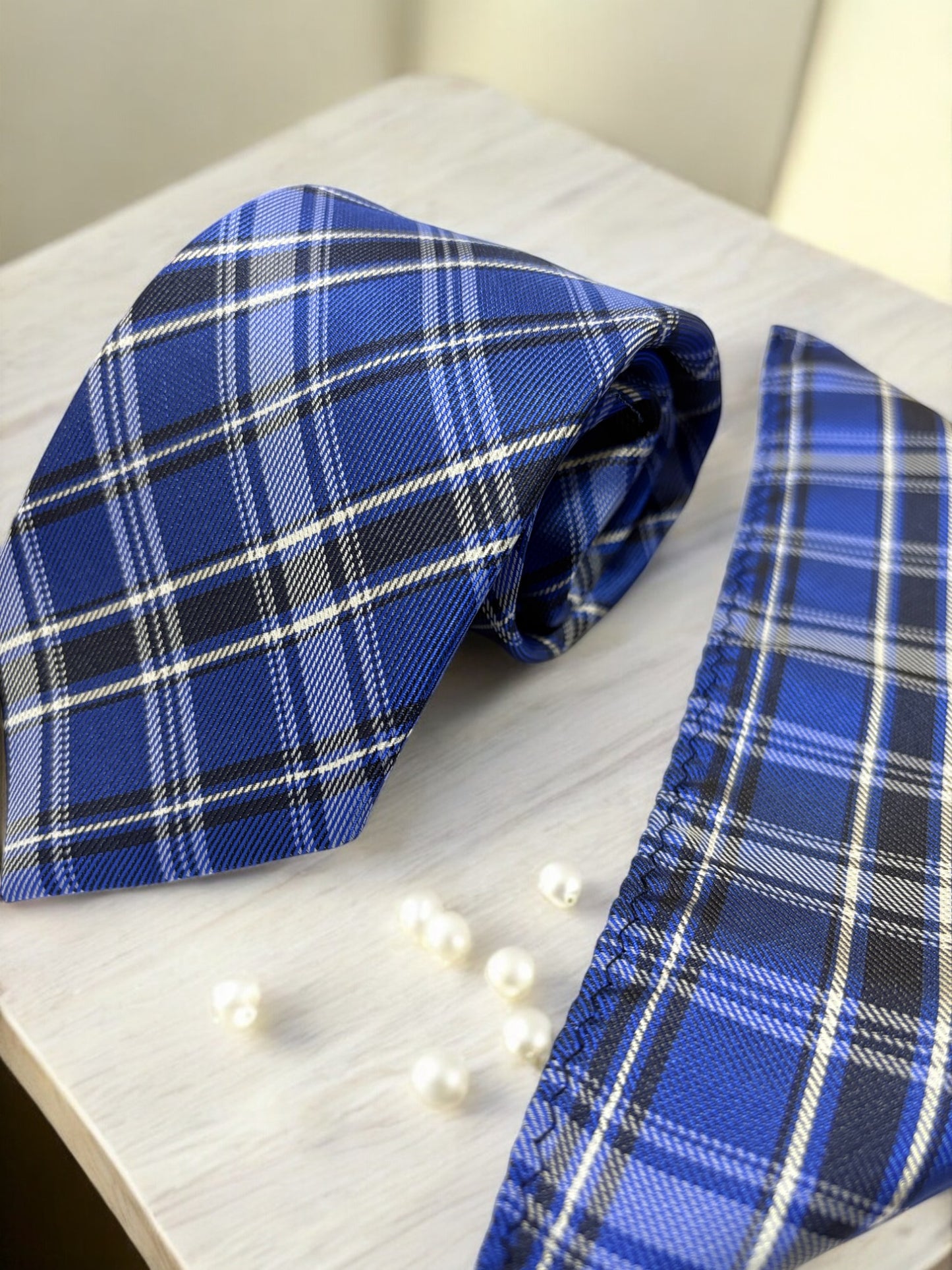 Royal Blue Checked Microfiber Necktie & Pocket Square Gift Set