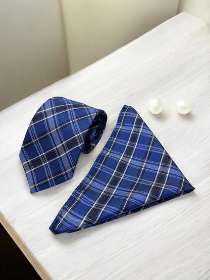 Royal Blue Checked Microfiber Necktie & Pocket Square Gift Set