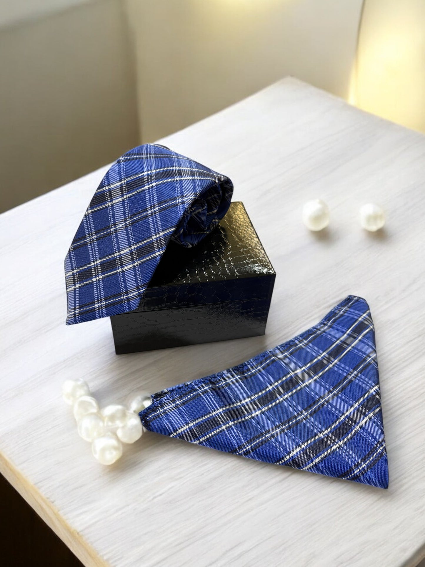 Royal Blue Checked Microfiber Necktie & Pocket Square Gift Set