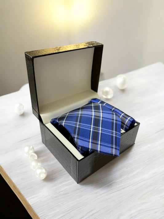 Royal Blue Checked Microfiber Necktie & Pocket Square Gift Set
