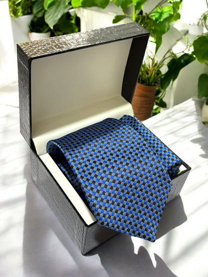 Blue & Black Geometric Microfiber Necktie & Pocket Square Gift Set