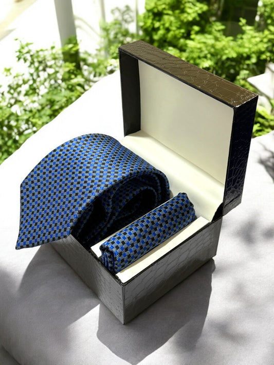 Blue & Black Geometric Microfiber Necktie & Pocket Square Gift Set