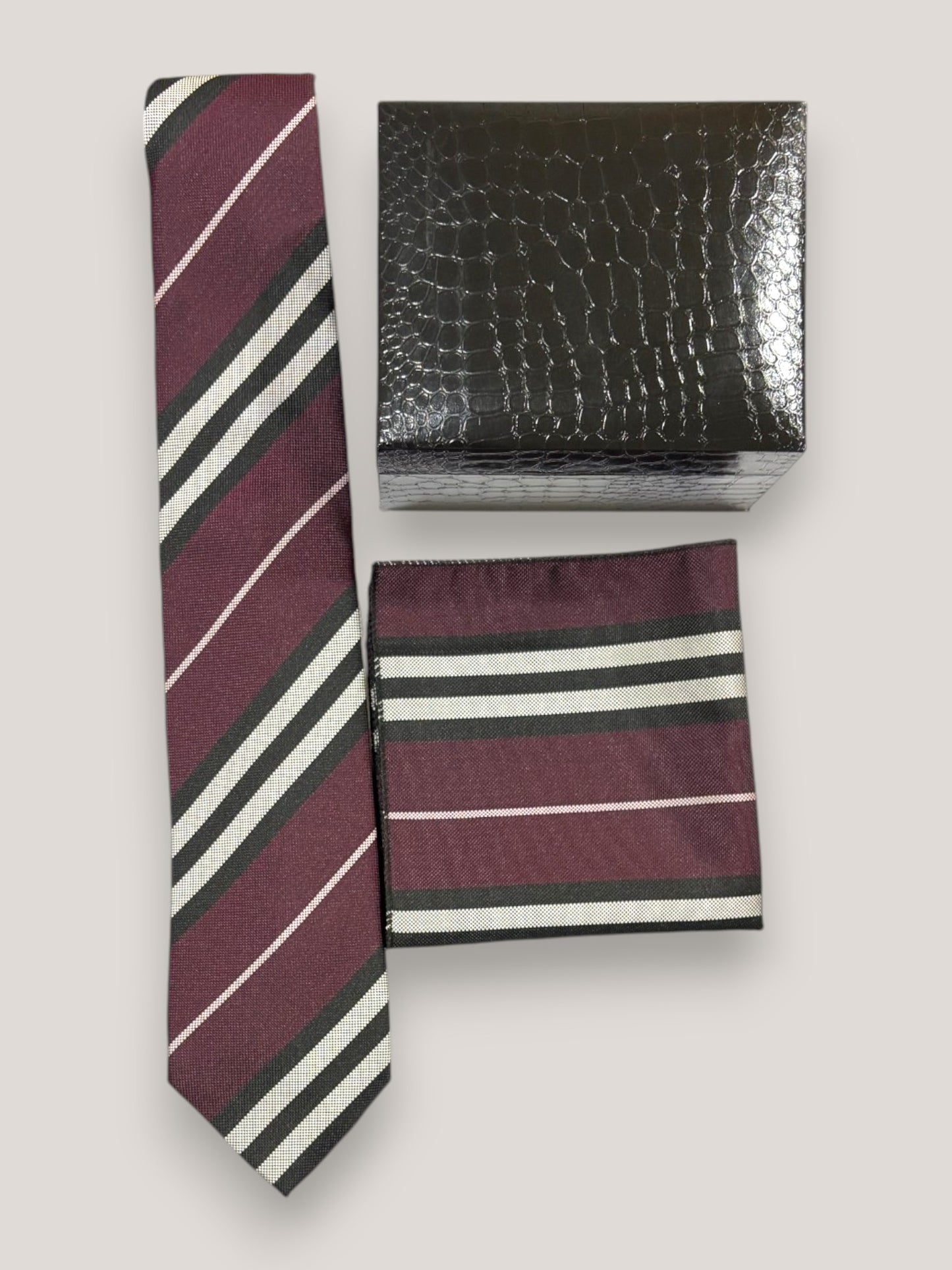 Burgundy Striped Microfiber Necktie & Pocket Square Gift Set