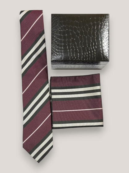 Burgundy Striped Microfiber Necktie & Pocket Square Gift Set
