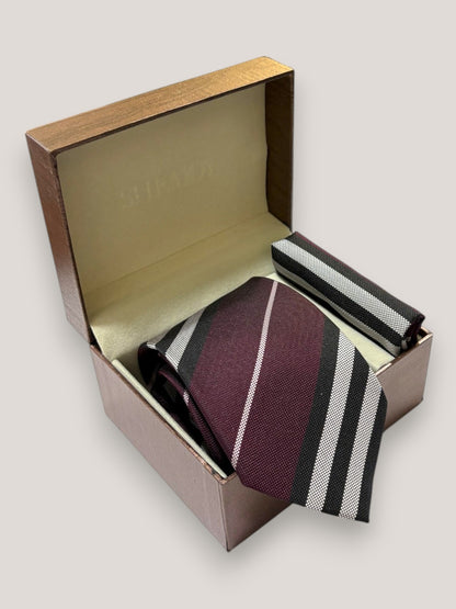 Burgundy Striped Microfiber Necktie & Pocket Square Gift Set