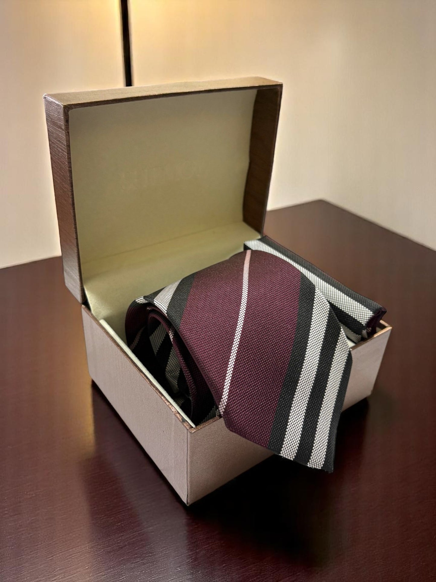 Burgundy Striped Microfiber Necktie & Pocket Square Gift Set