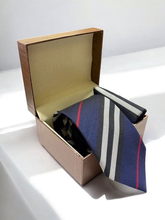 Navy Striped Microfiber Necktie & Pocket Square Gift Set